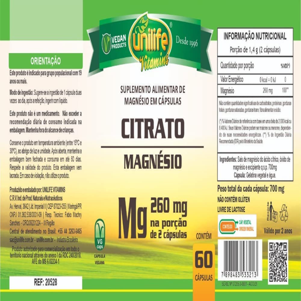 Citrato de Magnesio de 260 mg (60 Cápsulas) Suplementos Asuncion