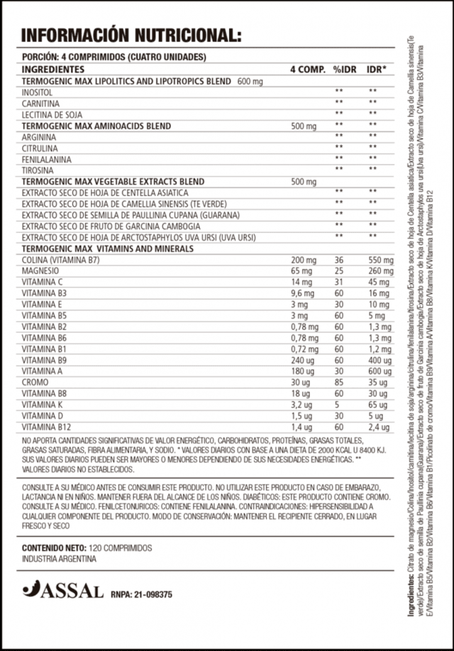Quemador Termogenico (120 comprimidos) [NUTRILAB] Suplementos Asuncion